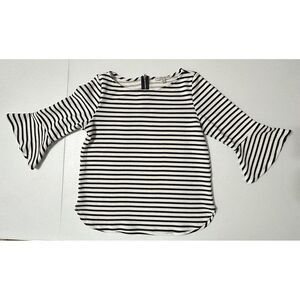 Green Envelope White & Black Striped Bell Flared 3/4 Sleeve Blouse Top Stretch M
